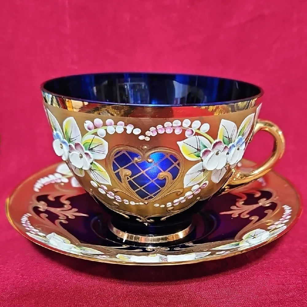 Vintage Bohemian Cobalt Blue Glass Tea Cup & Saucer Set 24K Gold High Enamel